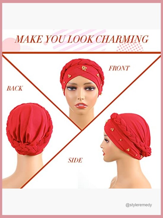 9 Pre-Tied Twisted Braid Headscarves with Beads - Silky Fiber Hair Wrap for main image 6